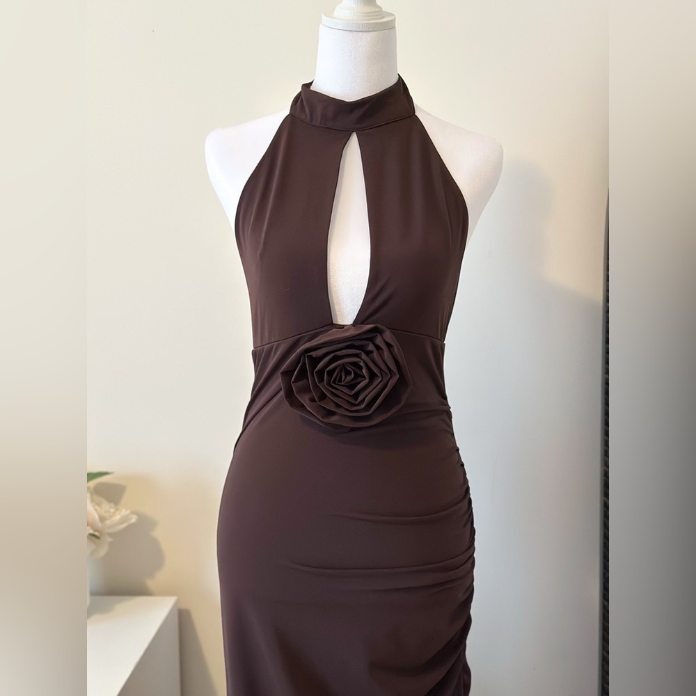 Zara Halter Maxi Dress With Flower Dark Brown NWT M